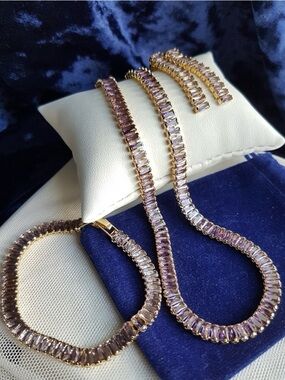 Swarovski Elements Gold Amethyst Purple Emerald-cut Tennis Bracelet NEW